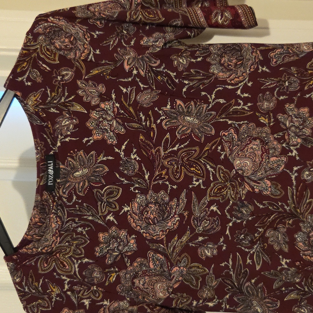 Roz & Ali Burgundy Flower and Leaf Dress in Size Small